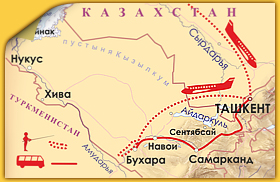 To the heart of Tamerlane`s empire map of the tour in Uzbekistan